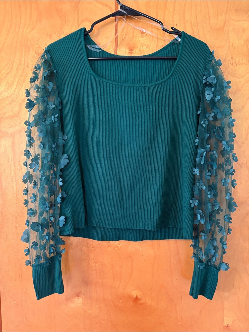 Cottagecore Green Ribbed Shirt with Floral Mesh Sleeves